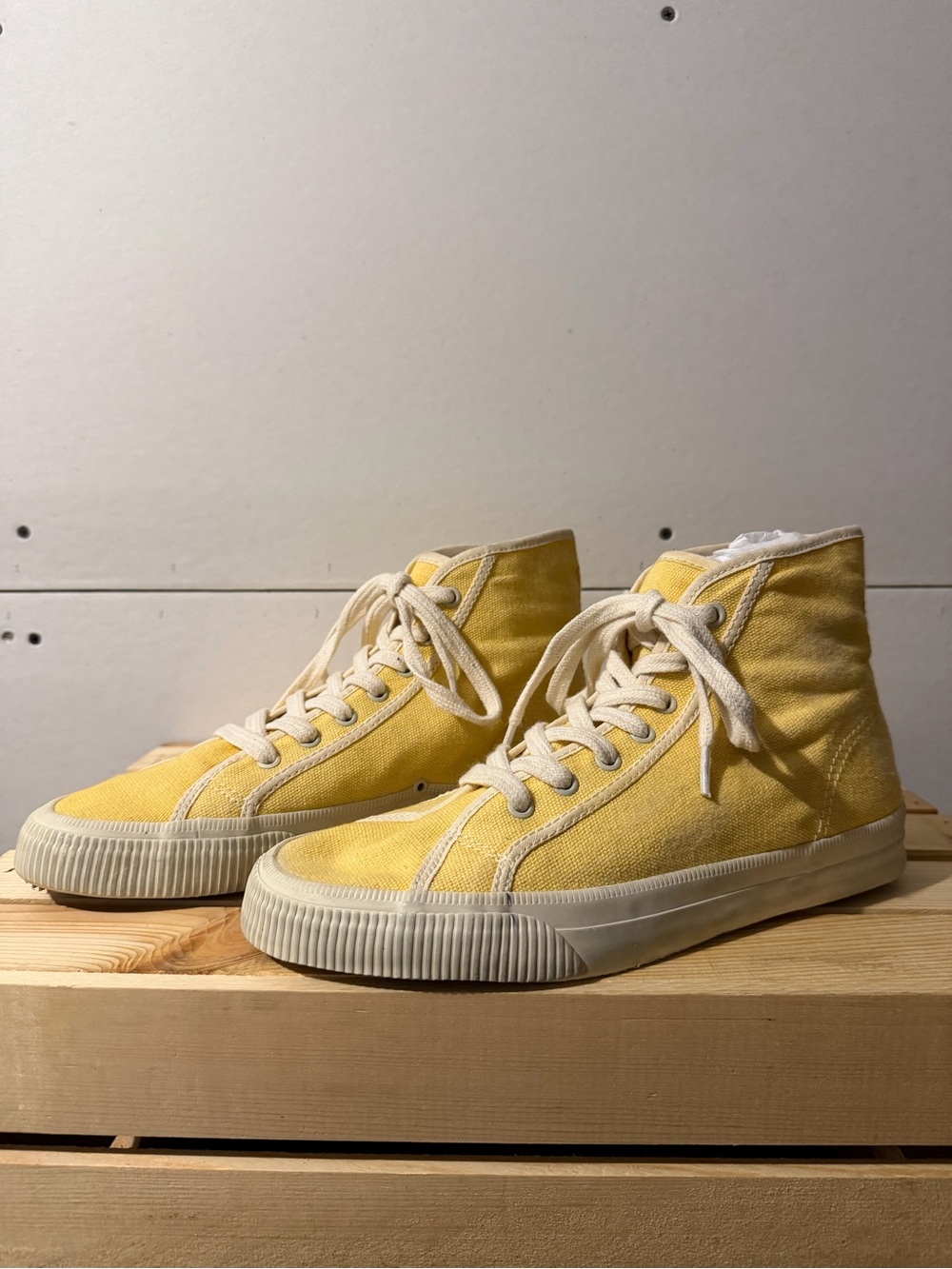 Re/Done Yellow High-Top Canvas Sneakers with Cream Trim Women’s 10
